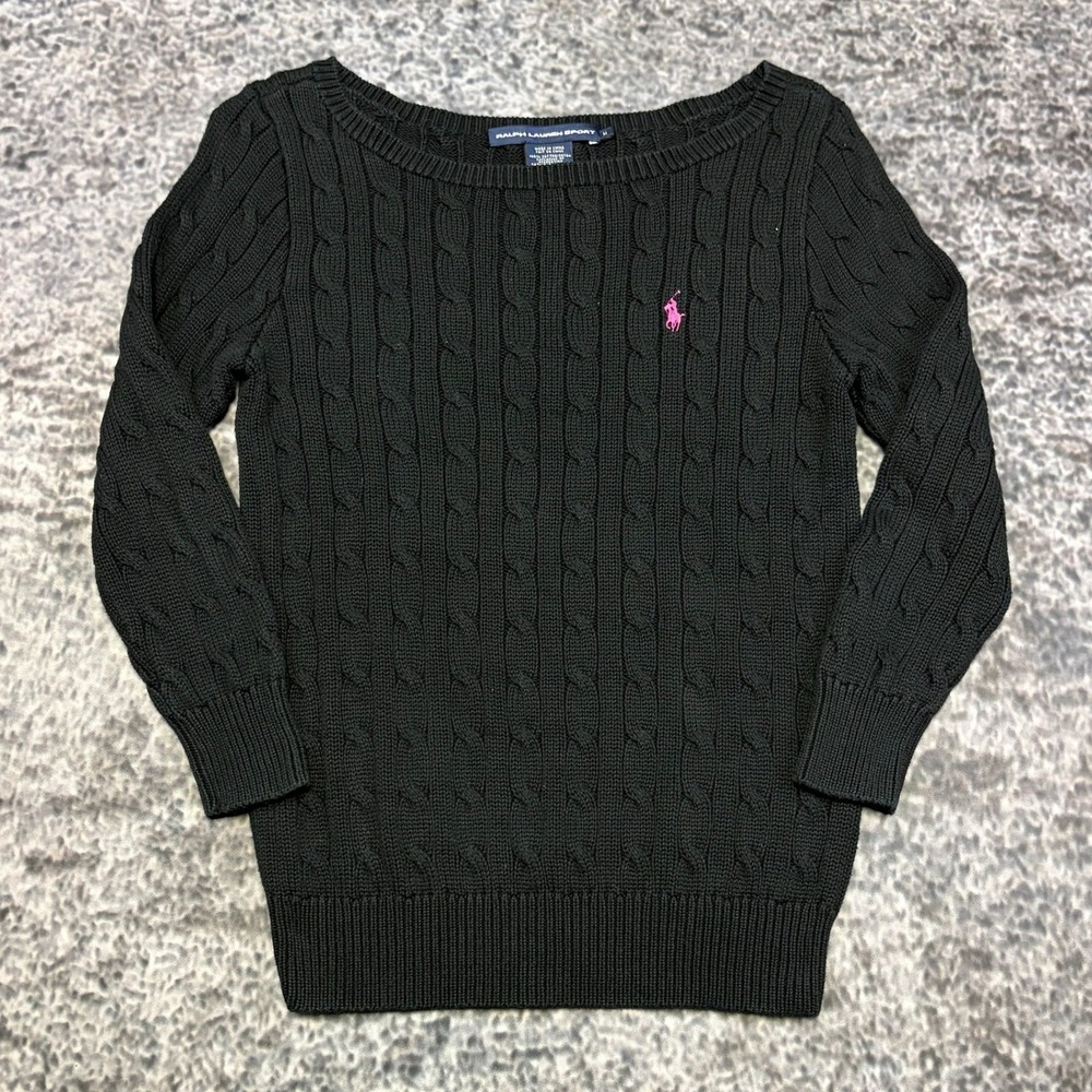 Ralph Lauren Sport Sweater Cable Knit Womens Medium Black Scoop Neck Pony